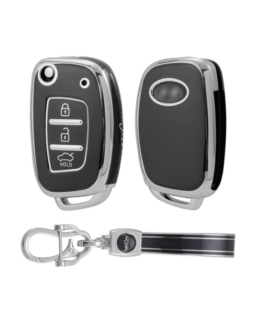 Keycare TPU Key Cover For Hyundai Creta, I20, Venue, Tucson, Alcazar, Grand I10, Aura, Xcent Flip Key | TP10 Silver Black